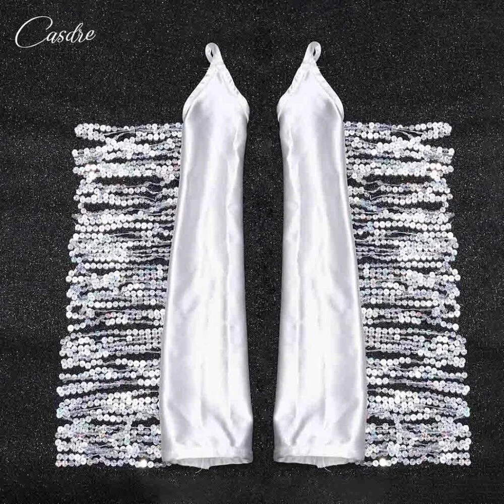 Long Satin Fingerless Gloves Sequin Tassel Elbow Length Wedding Halloween